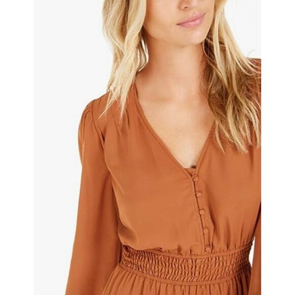 BAR III + Becca Tilley Brown Long Sleeve Smocked Waist Mini-Length Dress Large - Picture 3 of 11